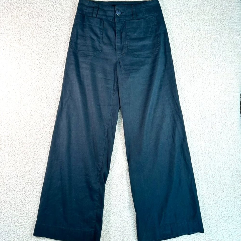 Maeve Anthropologie Colette Wide Leg Crop Linen Blend Pants Size US 0 Dark Blue